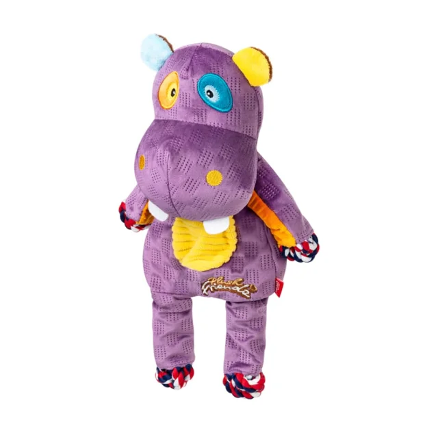 Іграшка GiGwi Plush для собак, Бегемот з мотузками та пищалкою, текстиль, 34 см