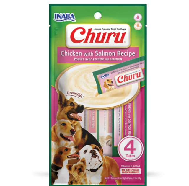 Ласощі Inaba Churu для собак, вершковий мус в стіках, курка, лосось, 4×14 г