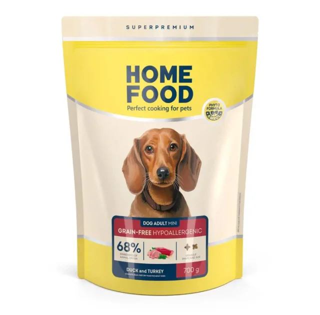 Сухой корм Home Food для собак малых пород, гипоаллергенный, беззерновой, утка и индейка, 700 г