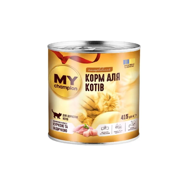 Влажный корм Мой чемпион для кошек, кусочки в желе с курицей и индейкой, 415 г