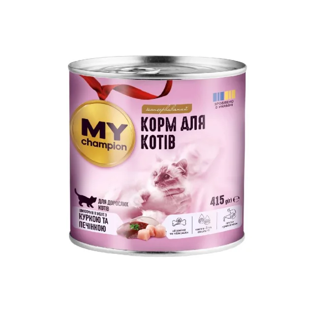 Влажный корм Мой чемпион для кошек, кусочки в желе с курицей и печенью, 415 г
