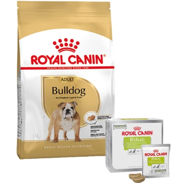 Набор сухого корма Royal Canin Adult Bulldog 12 кг + лакомство Educ 30 шт в подарок