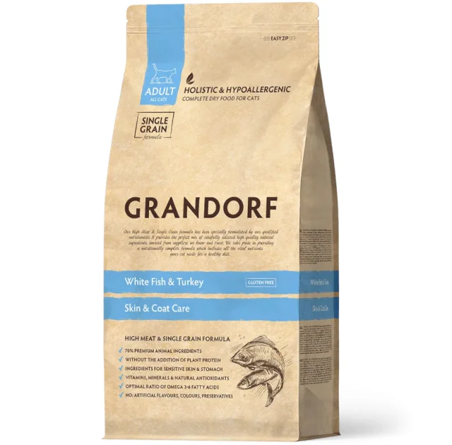 Сухой корм Grandorf White Fish & Turkey Skin & Coat Care для взрослых кошек для кожи и шерсти, белая рыба с индейкой, 400 г
