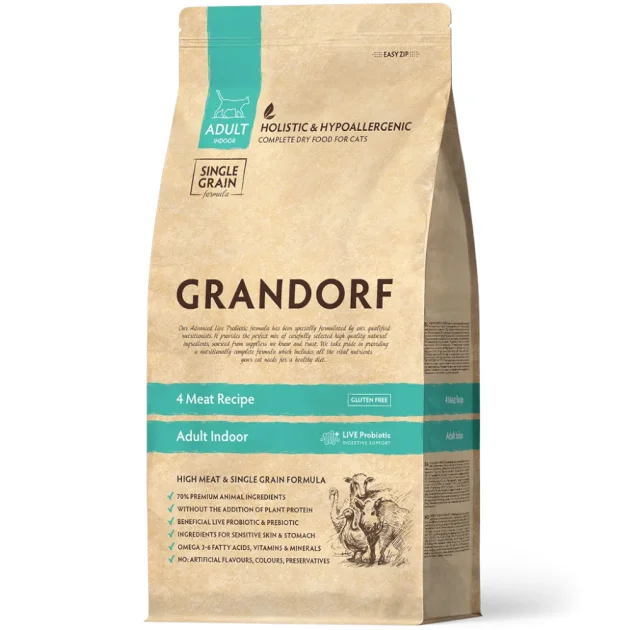 Сухой корм для кошек Grandorf Four Meat Adult Indoor для кошек с нормальной активностью от 1 года и старше, 4 вида мяса и пробиотики, 400 г