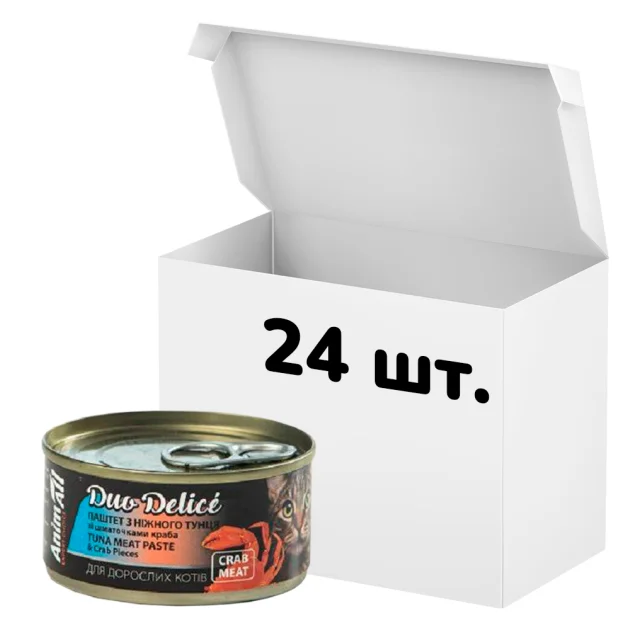 Упаковка консервов AnimAll Duo Delice для кошек, паштет из тунца с кусочками краба, 80 г, 24 штуки
