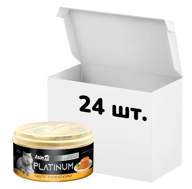 Упаковка консервів AnimAll Platinum для котів, ніжний паштет з курки, 70 г, 24 штуки