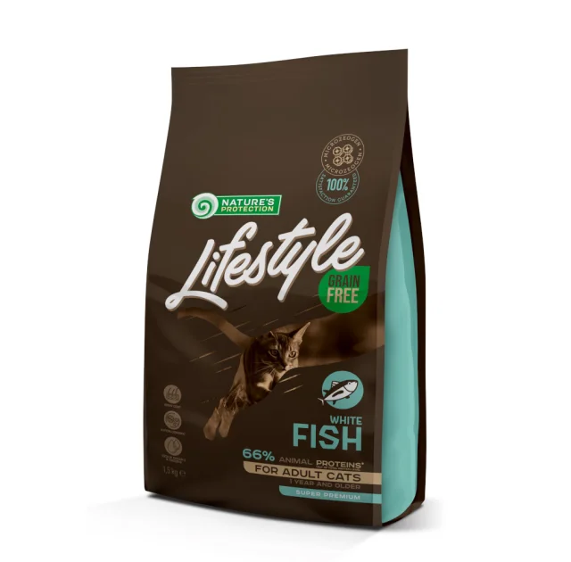 Сухий беззерновий корм Nature's Protection Lifestyle Grain Free White Fish Adult Cat для дорослих кішок, з білою рибою, 1.5 кг