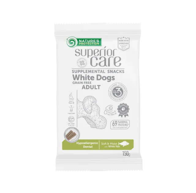 Беззернові ласощі Nature's Protection Superior Care Hypoallergenic & Dental Care для дорослих собак з білою шерстю, біла риба, 150 г