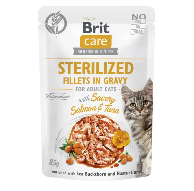 Вологий корм Brit Care Cat Fillets in Gravy для стерилізованих котів, філе в соусі, лосось і тунець, пауч, 85 г