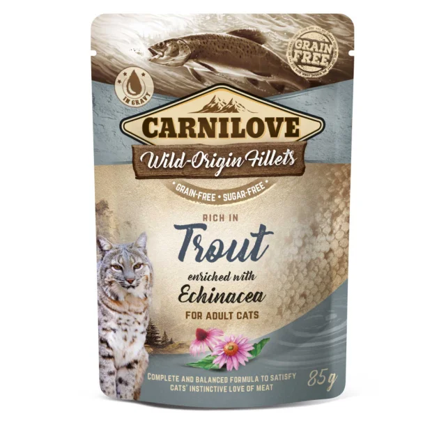 Вологий корм Carnilove Trout для дорослих котів, з фореллю та ехінацеєю, шматочки в соусі, пауч, 85 г
