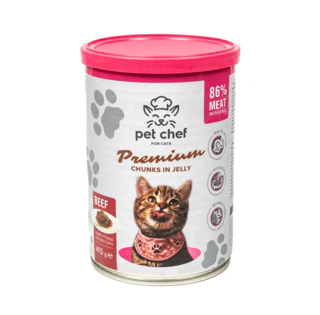 Консервы Pet Chef Beef для взрослых кошек, кусочки в желе, с говядиной, 415 г