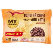 Вологий корм Мій чемпіон для котів, шматочки з куркою та індичкою, пауч, 100 г, акція 3+1