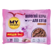 Вологий корм Мій чемпіон для котів, шматочки з куркою та печінкою, пауч, 100 г, акція 3+1