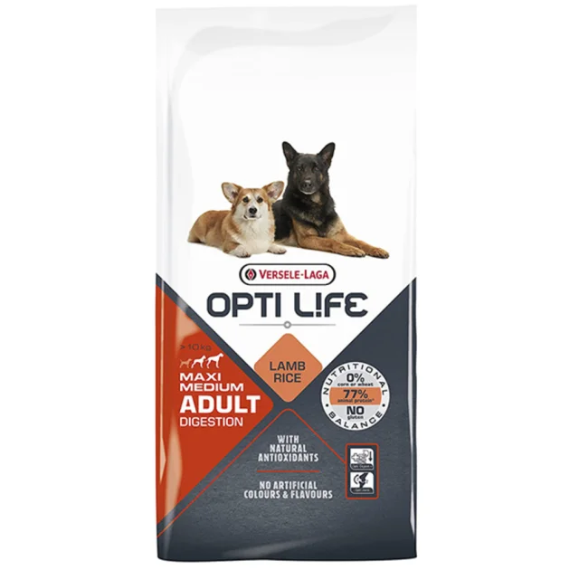 Сухой корм Versele-Laga Opti Life Adult Life Digestion для собак средних и крупных пород, с чувствительным пищеварением, ягненок, 12.5 кг