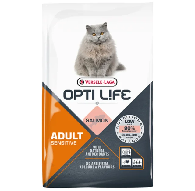 Сухой беззерновой суперпремиум корм Versele-Laga Opti Life Sensitive для кошек с чувствительным пищеварением, лосось, 7.5 кг