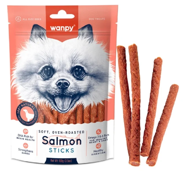 Лакомство Wanpy Salmon Sticks для собак, палочки с лососем, 100 г