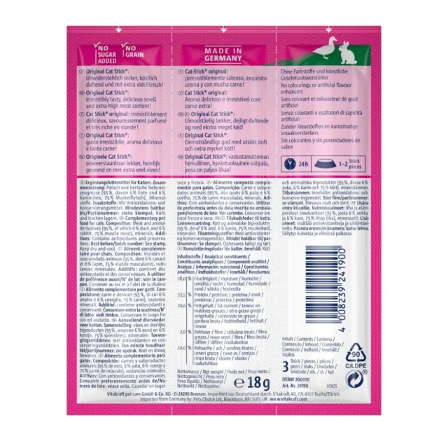 Лакомство Vitakraft, для кошек, мясные палочки с уткой и кроликом 3 шт × 6 г