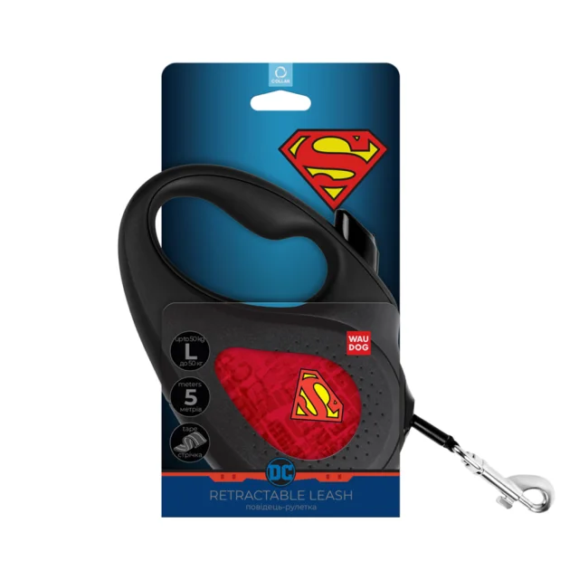 Поводок-рулетка Waudog R-leash для собак, рисунок "Супермен Лого красный", L, 50 кг, 5 м, черный