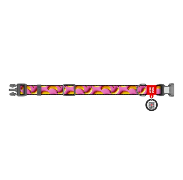 Ошейник Waudog Nylon с QR паспортом для собак нейлоновый, рисунок "Бананы на розовом",  S, ширина 15 мм, длина 25-35 см