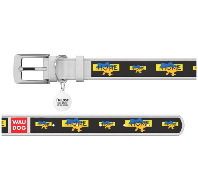 Нашийник шкіряний Waudog Design з QR паспортом для собак, малюнок "Дім", S,15мм/26-35 см, білий