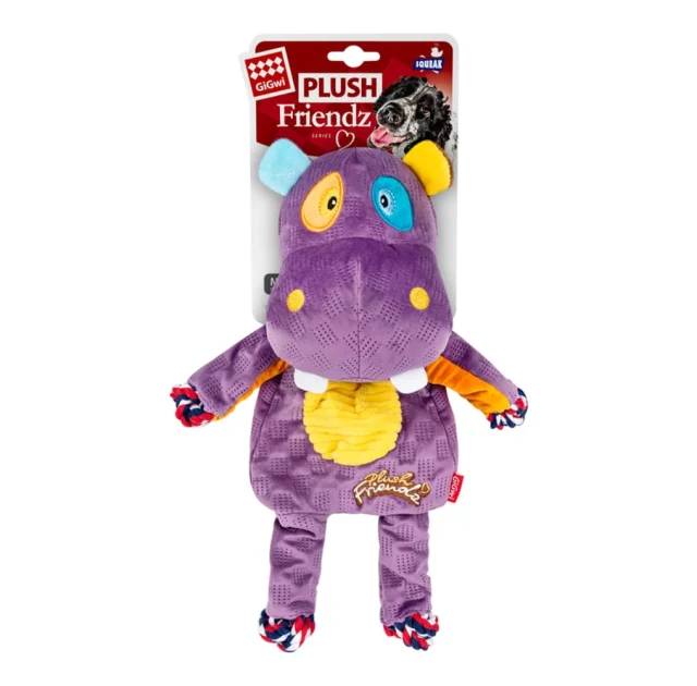 Іграшка GiGwi Plush для собак, Бегемот з мотузками та пищалкою, текстиль, 34 см