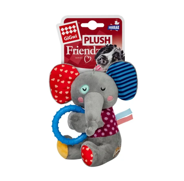 Іграшка GiGwi Plush для собак Слоненя з кільцем та пищалкою, текстиль, термопластична гума, 16 см