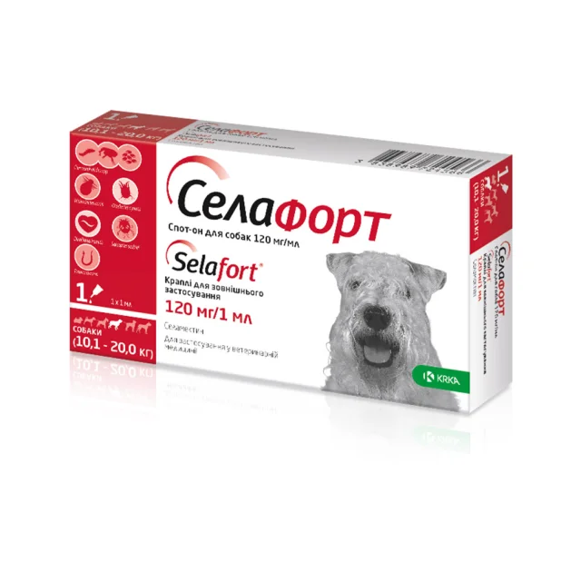 Капли KRKA Селафорт от блох, клещей и гельминтов для собак весом 10.1-20 кг, 1 пипетка