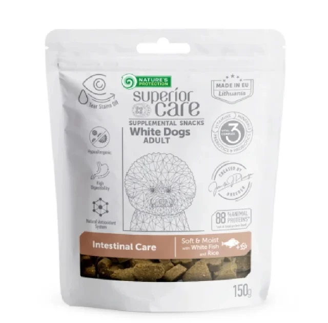 Беззерновые лакомства Nature's Protection Superior Care White Dogs Intestinal Care для взрослых собак, белая рыба и рис, 150 г