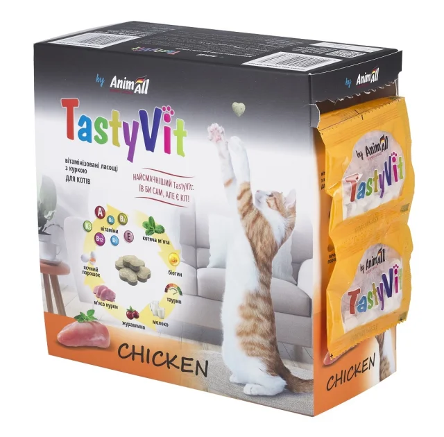 Вітамінізовані ласощі AnimAll TastyVit для котів, з куркою, 600 штук (50 пакетів по 12 штук)