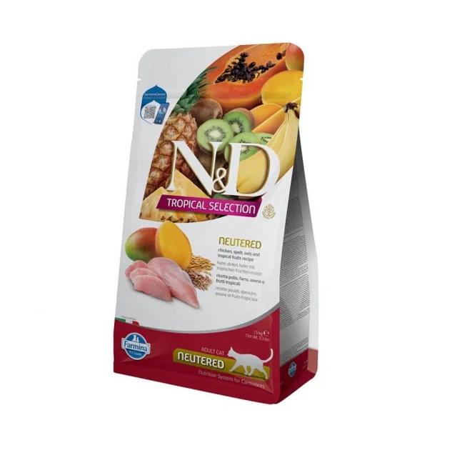 Низькозерновий сухий корм Farmina N&D Tropical Selection, для дорослих стерилізованих котів, з куркою та тропічними фруктами, 1.5 кг
