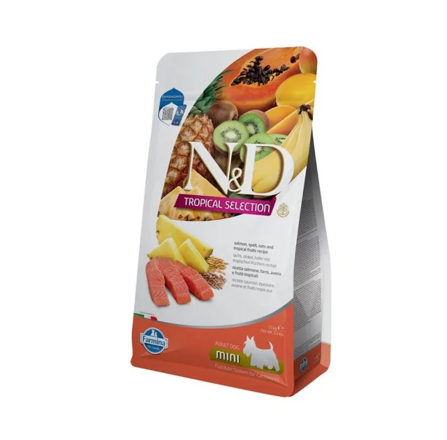 Полнорационный низкозерновой сухой корм Farmina N&D Tropical Selection, для взрослых собак мелких пород, с лососем и тропическими фруктами, 1.5 кг