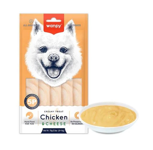 Жидкое лакомство Wanpy Creamy Lickable Treat Chicken&Cheese для собак, курица и творог, 5 стиков по 14 г