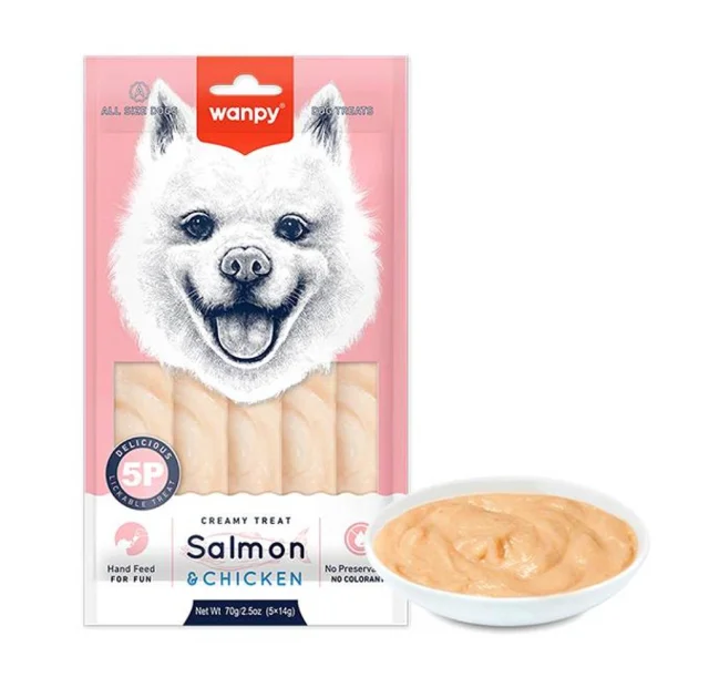 Жидкое лакомство Wanpy Creamy Lickable Treat Salmon&Chicken для собак, лосось и курица, 5 стиков по 14 г