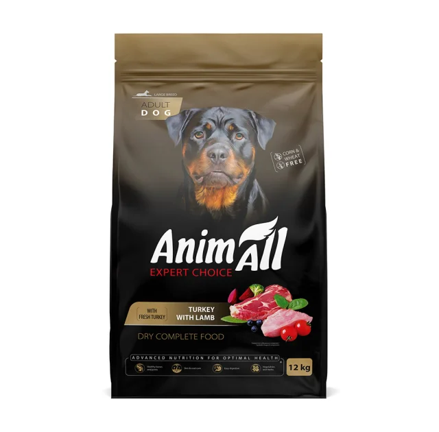 Сухой корм AnimAll для взрослых собак крупных пород, со свежей индейкой и ягненком, 12 кг