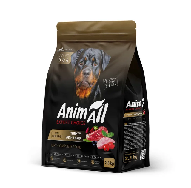 Сухой корм AnimAll для взрослых собак крупных пород, со свежей индейкой и ягненком, 2.5 кг