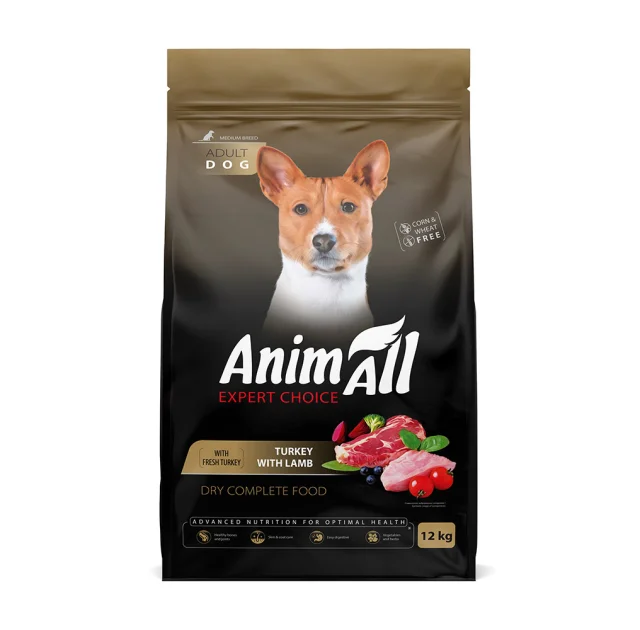 Сухий корм AnimAll для дорослих собак середніх порід, зі свіжою індичкою та ягням, 12 кг