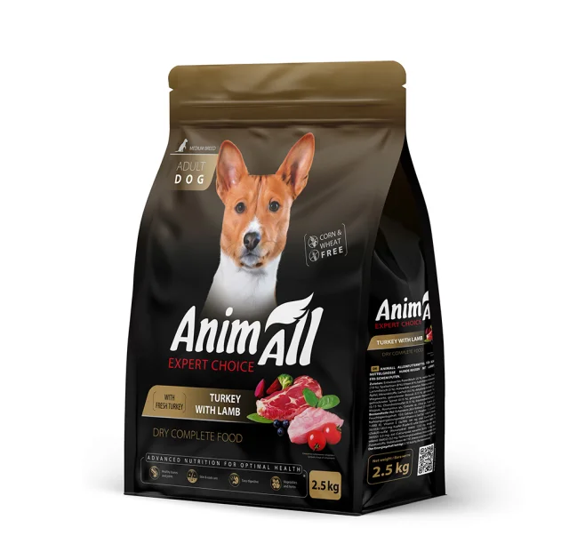 Сухий корм AnimAll для дорослих собак середніх порід, зі свіжою індичкою та ягням, 2.5 кг