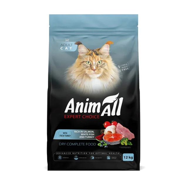 Сухой корм AnimAll для кошек, с лососем, белой рыбой и свежей индейкой, 12 кг