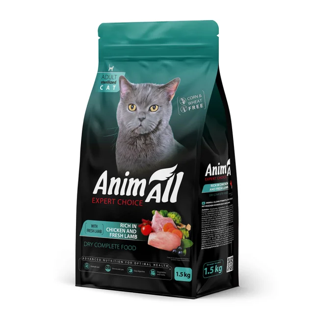 Сухий корм AnimAll для стерилізованих котів, з куркою та свіжою ягнятиною, 1.5 кг