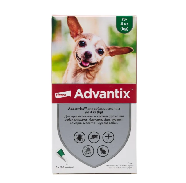 Капли от блох и клещей Elanco Advantix для собак весом до 4 кг, упаковка 4 пипетки