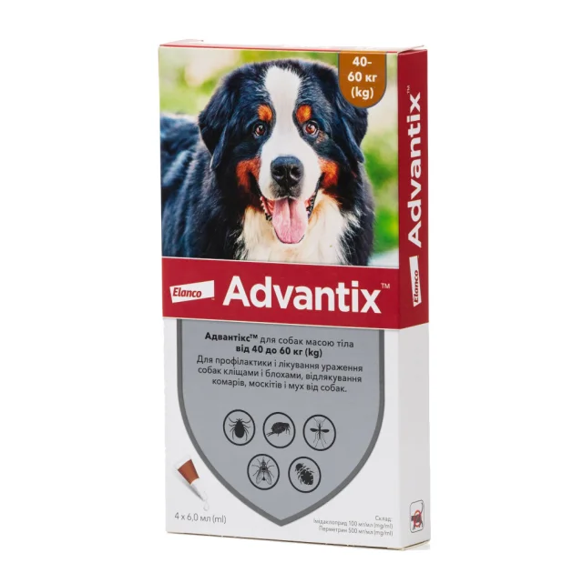 Капли от блох и клещей Elanco Advantix для собак весом 40-60 кг, упаковка 4 пипетки