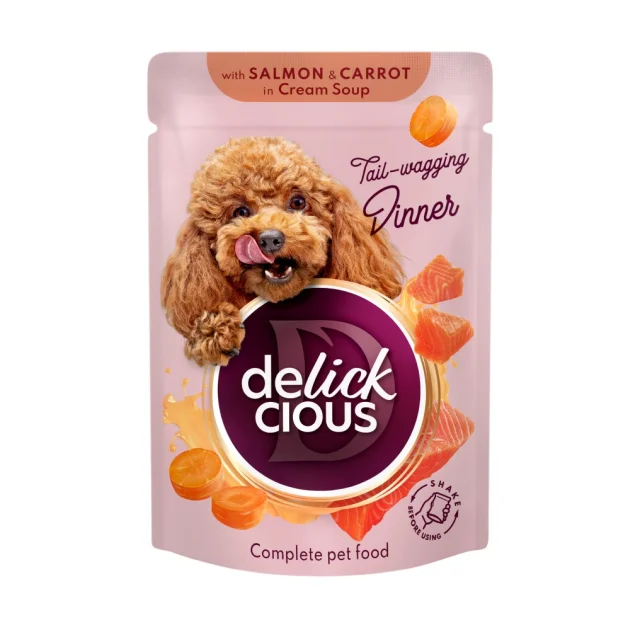 Вологий корм Delickcious для собак, смужки з лососем та морквою в крем-супі, 85 г