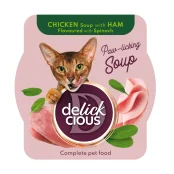 Вологий корм Delickcious для котів, суп з курки з шинкою та додаванням шпинату, 80 г