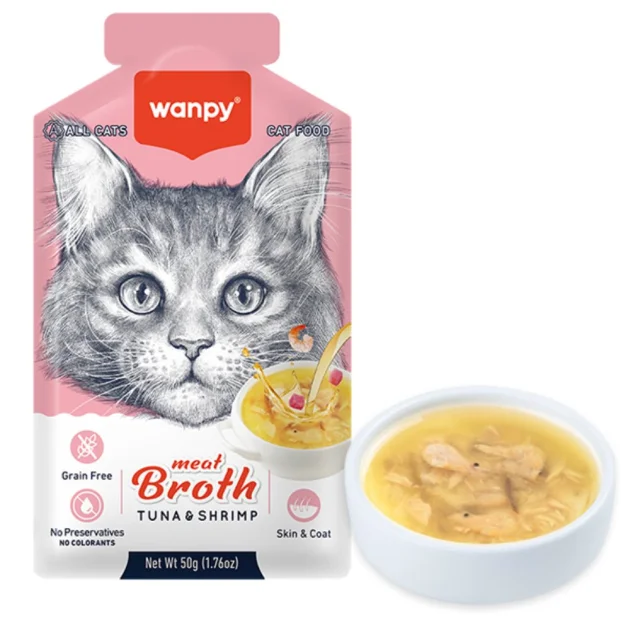 Беззерновой влажный корм Wanpy Meat Broths Tuna&Shrimp для кошек, с тунцом и креветками, суп, 50 г