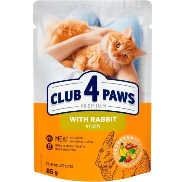 Влажный корм Club 4 Paws для взрослых котов, полнорационный, консервированный, с кроликом в желе, 85 гр