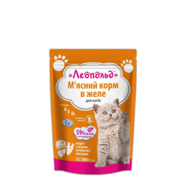 Консерва Леопольд для котов с мясом, печенью и овощами в желе, 100 г, Акция