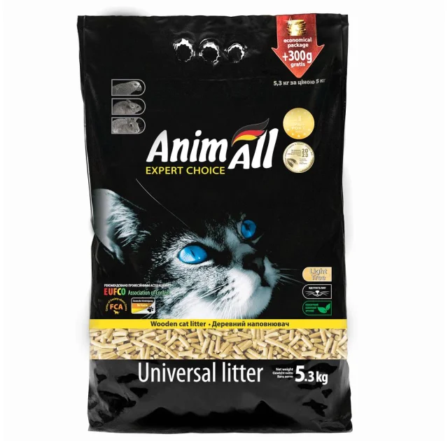 Деревний наповнювач AnimAll без аромату, для котів, 5 кг + 300 г у подарунок
