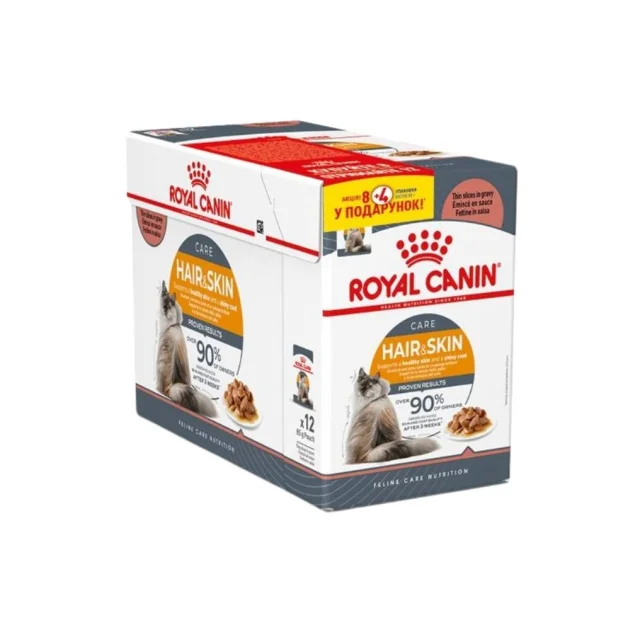 Влажный корм Royal Canin Hair&Skin Care, для выведения шерсти у кошек, кусочки в соусе, 8 + 4 в подарок, 1.02 кг