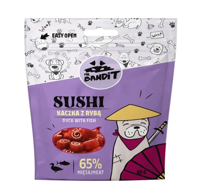 Лакомство Mr. Bandit Sushi для собак, с уткой и рыбой, мясные рулетики, 80 г