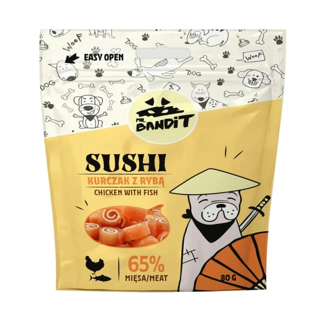 Лакомство Mr. Bandit Sushi для собак, с курицей и рыбой, мясные рулетики, 80 г